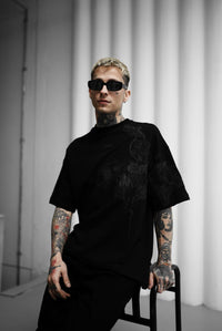POLIZEI Özel tasarım, Nakışlı, Kurukafa detaylı, Oversize T-Shirt (Siyah)