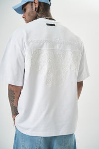 Reconnaissance Yazı Detaylı, Özel Nakış Tasarımlı, Oversize T-Shirt (Beyaz)